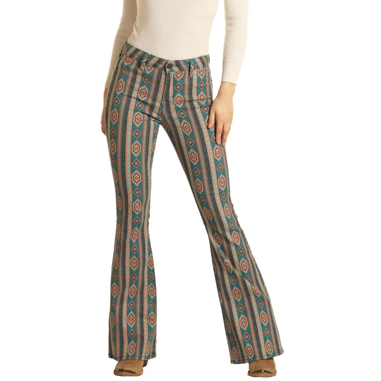 Rock & Roll Women's High Rise Stretch Aztec Flare Jeans - Teal