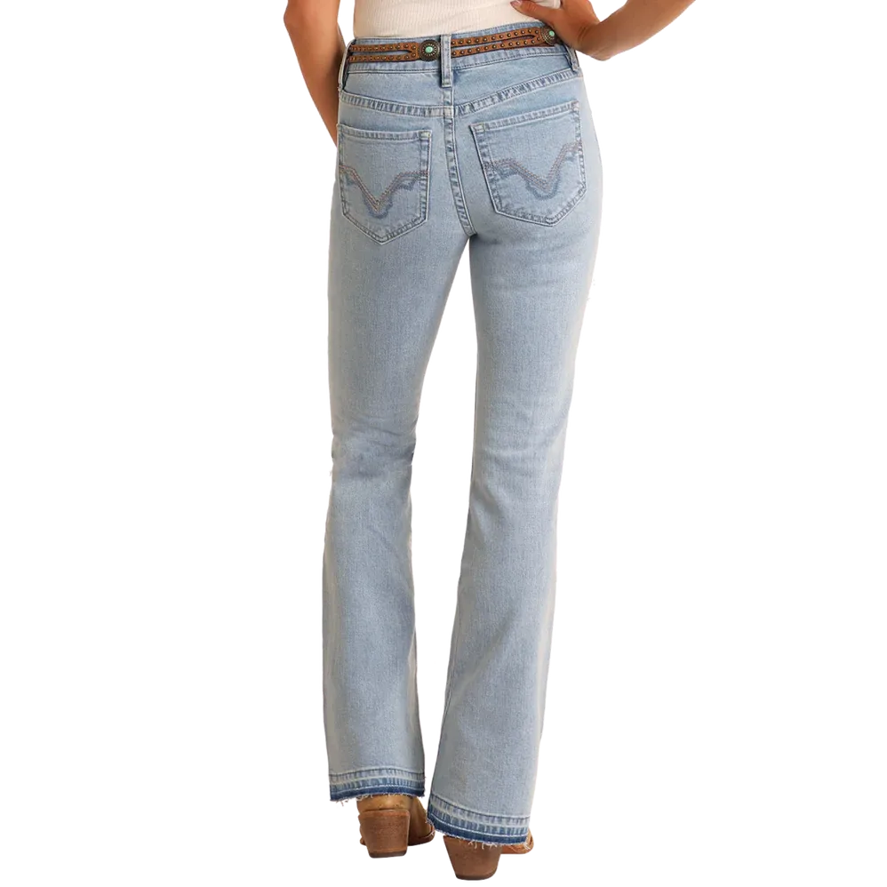 Rock & Roll Women's Distressed High Rise Boot Cut Jeans-Light Wash - Image 2