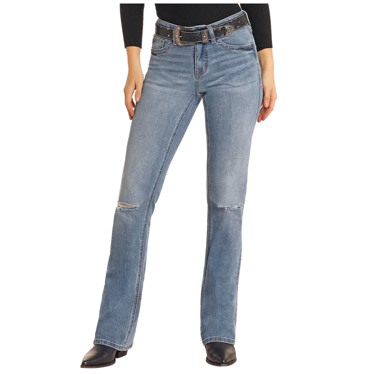 Rock & Roll Women's Distressed Mid Rise Bootcut Jean - Medium Wash - Image 2