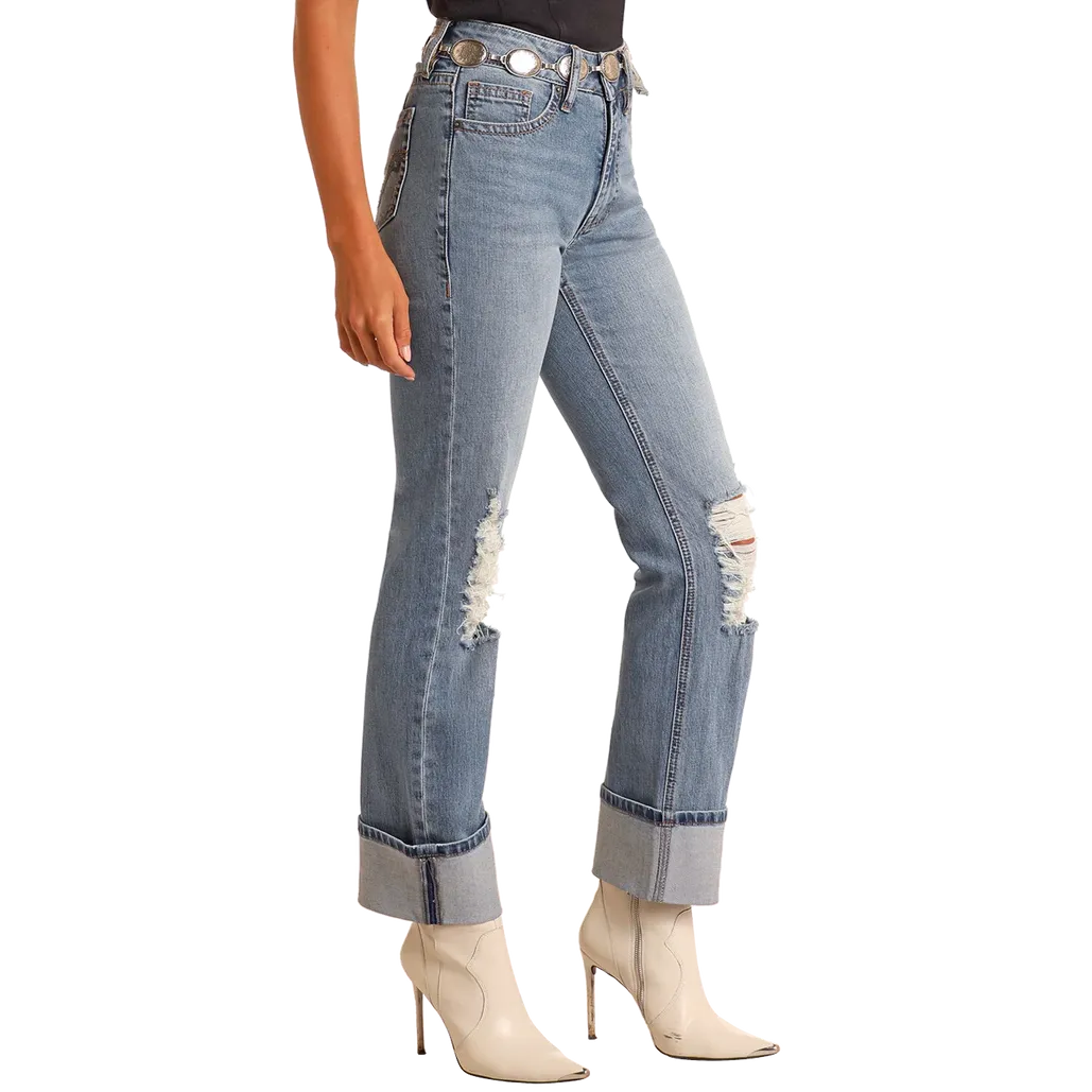 Rock & Roll Women's Distressed Modest Bootcut Jeans- Medium Wash - Image 3