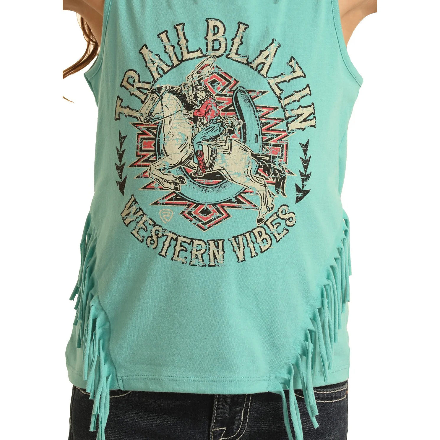 Rock & Roll Girl's Graphic Tank w/Fringe - Turquoise - Image 2