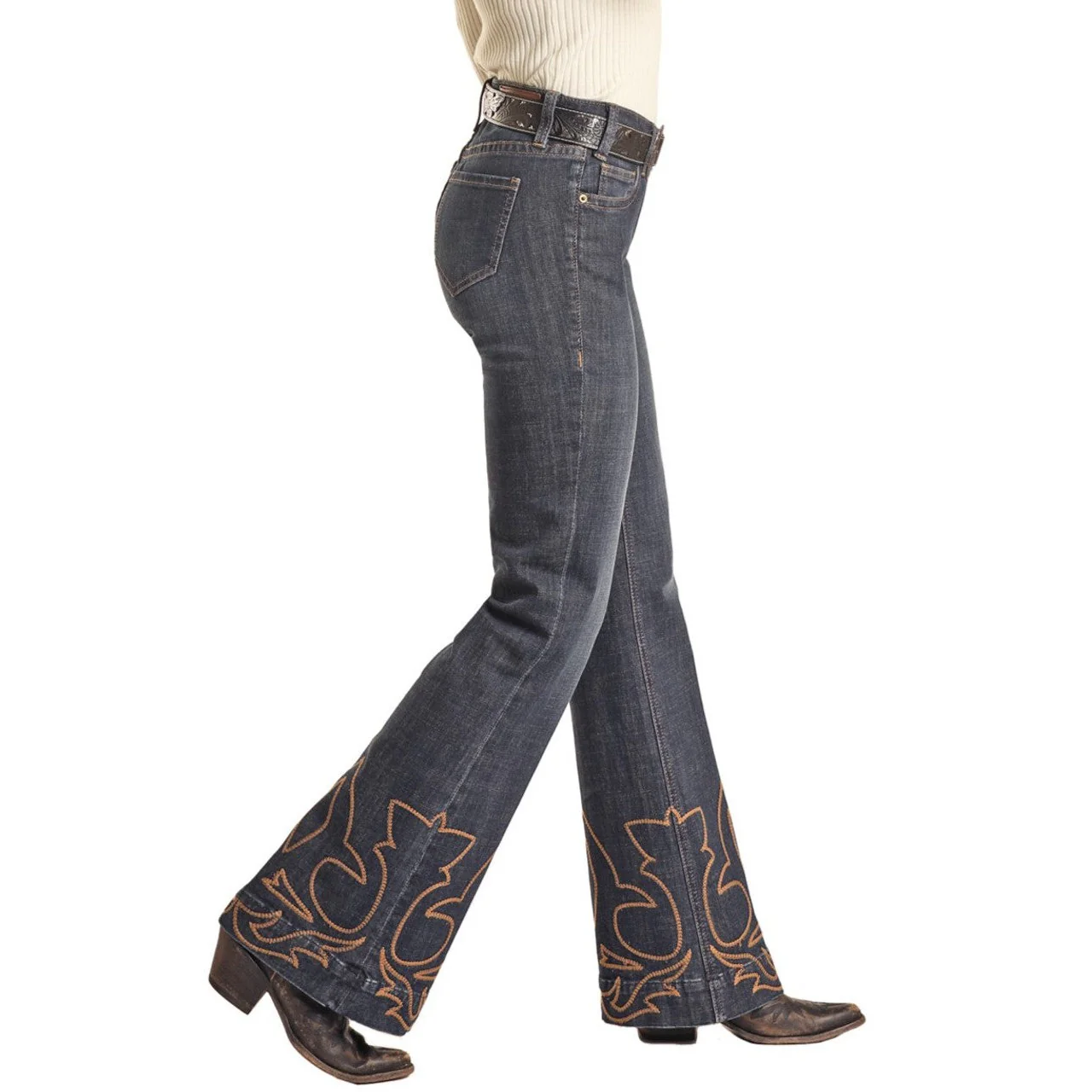 Rock & Roll Women's Mid Rise Stretch Trouser Jeans - Dark Wash - Image 4