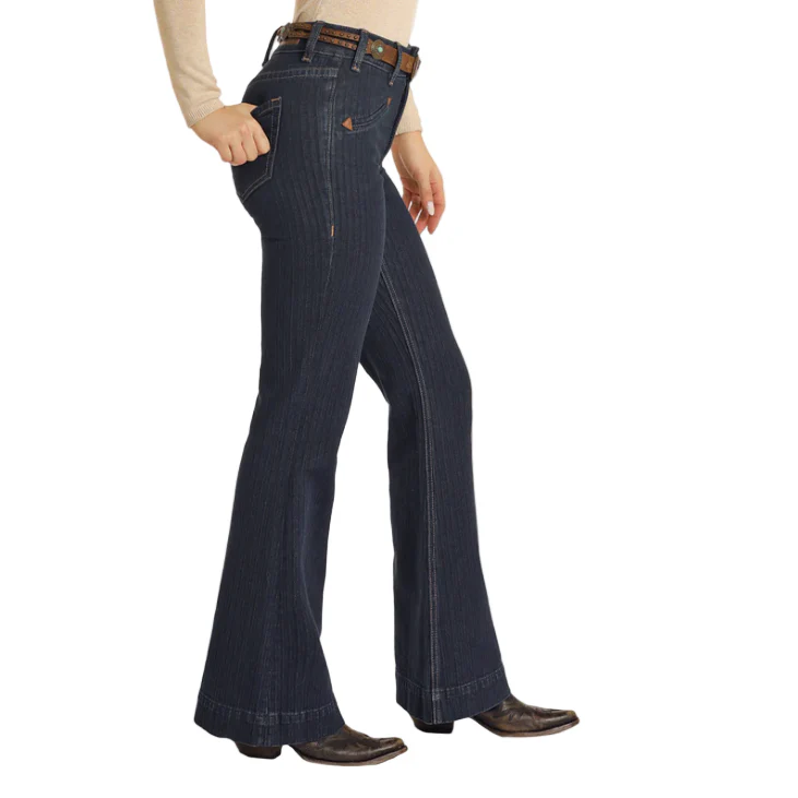 Rock & Roll Women's High Rise Jacquard Striped Trousers - Medium Wash - Image 2
