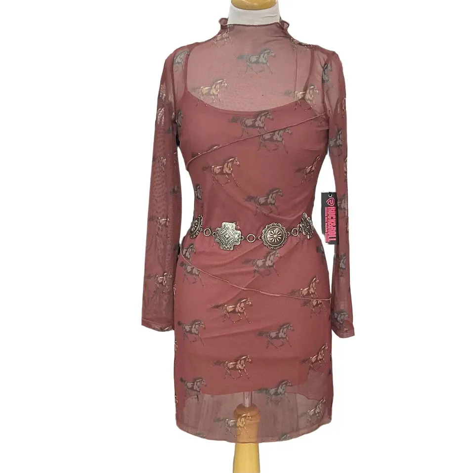 Rock & Roll Women's Horse Print Mesh Dress - Rust