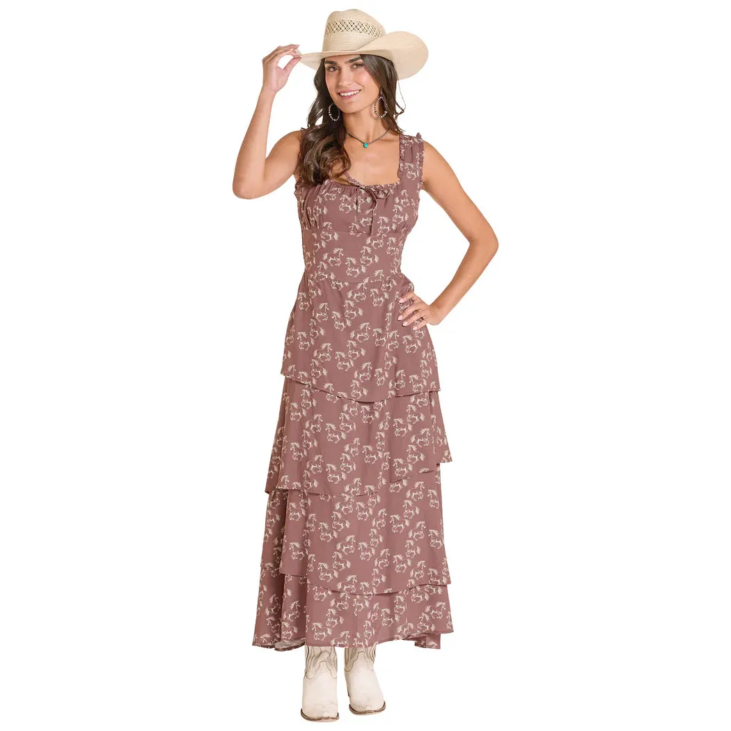 Rock & Roll Women's Horse Print Tiered Dress - Mahogany