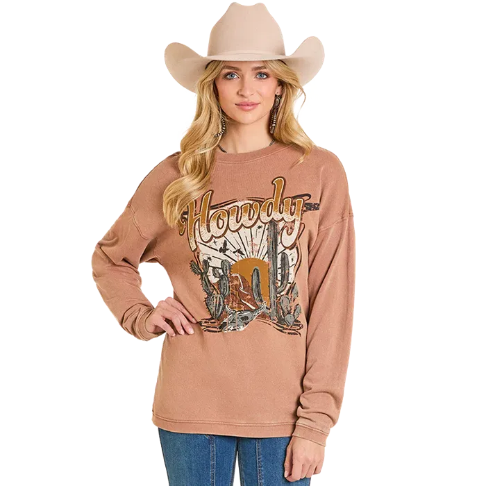 Rock & Roll Women's Howdy Graphic Pullover - Brown
