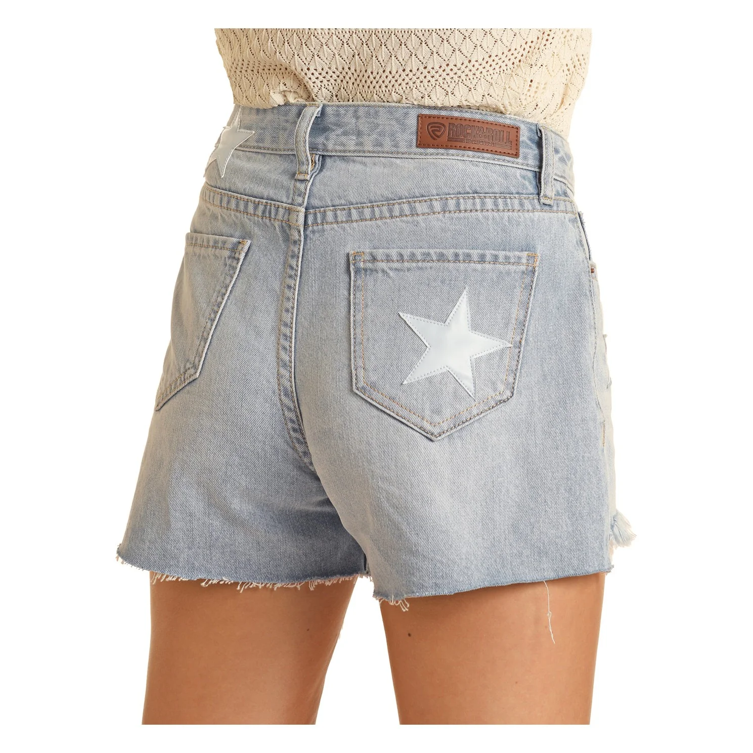 Rock & Roll Women's Leather Patch Star Shorts - Light Wash - Image 4