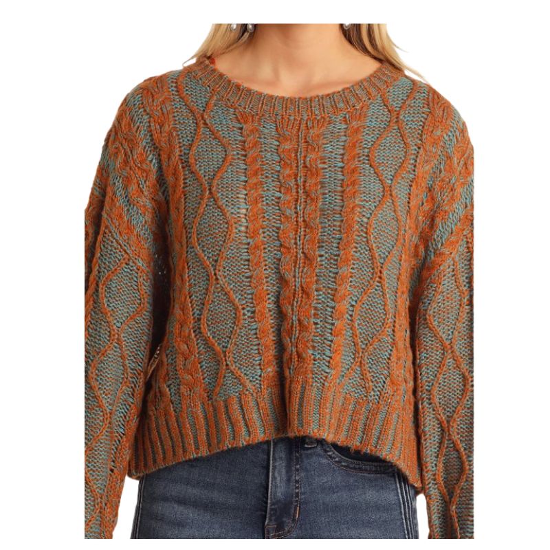 Rock & Roll Women's Long Sleeve Cable Crop Knit Boxy Sweater- Burnt Orange - Image 2