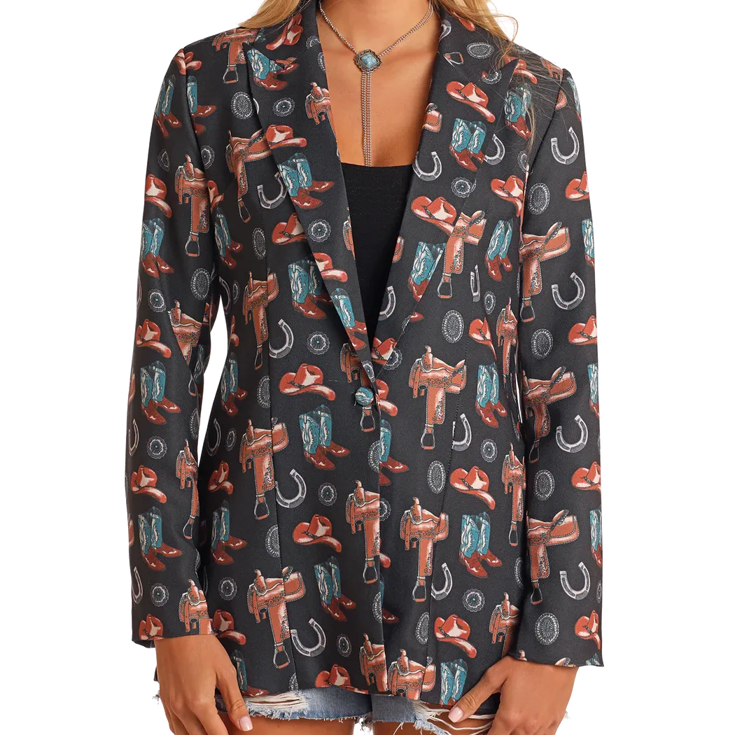Rock & Roll Women's Long Sleeve Conversational Western Print Blazer- Black - Image 2