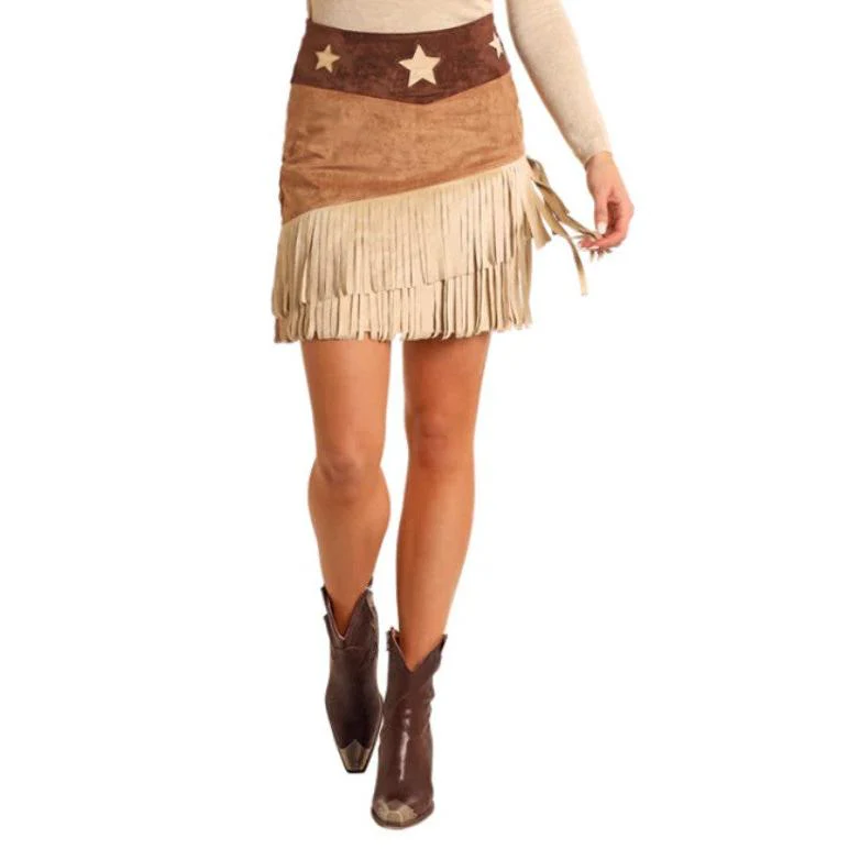 Rock & Roll Women's Microsuede Star with Fringe Skirt-Khaki - Image 3