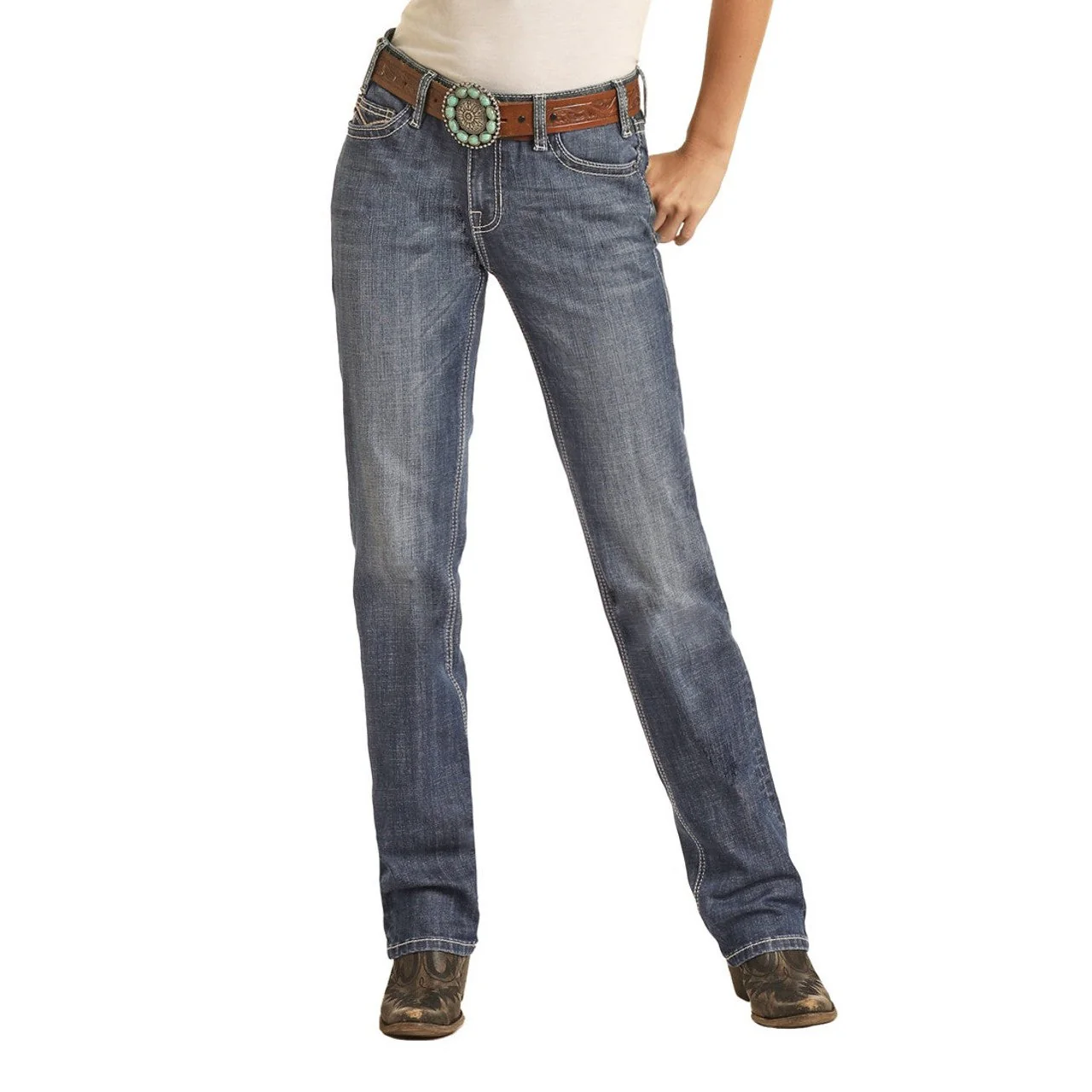 Rock & Roll Women's Mid Rise Regular Fit Modest Bootcut Jeans - Medium Vintage