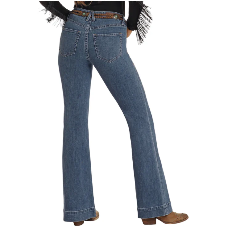 Rock & Roll Women's Mid Rise Western Embroidered Trousers - Medium Wash