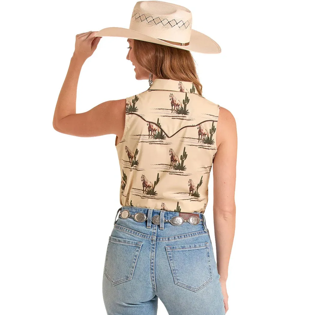 Rock & Roll Women's Novelty Retro Spirit Print Sleeveless Snap Top - Natural - Image 2