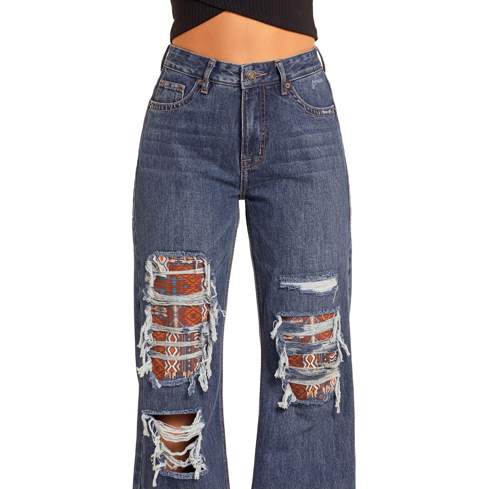 Rock & Roll Women's Patched Distressed Wide Flare Leg Jeans- Medium Wash - Image 2