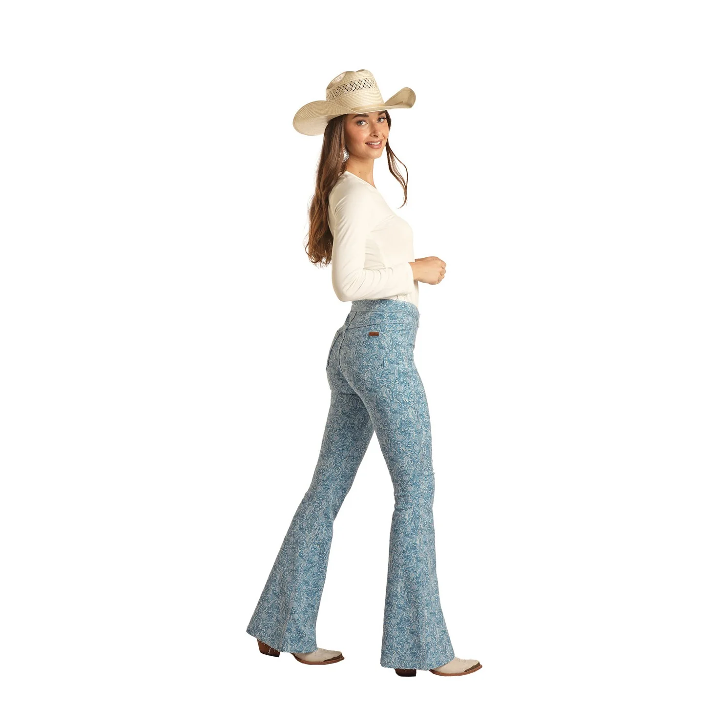 Rock & Roll Women's Reversible Tooled Button Flare Jeans - Powder Blue - Image 3