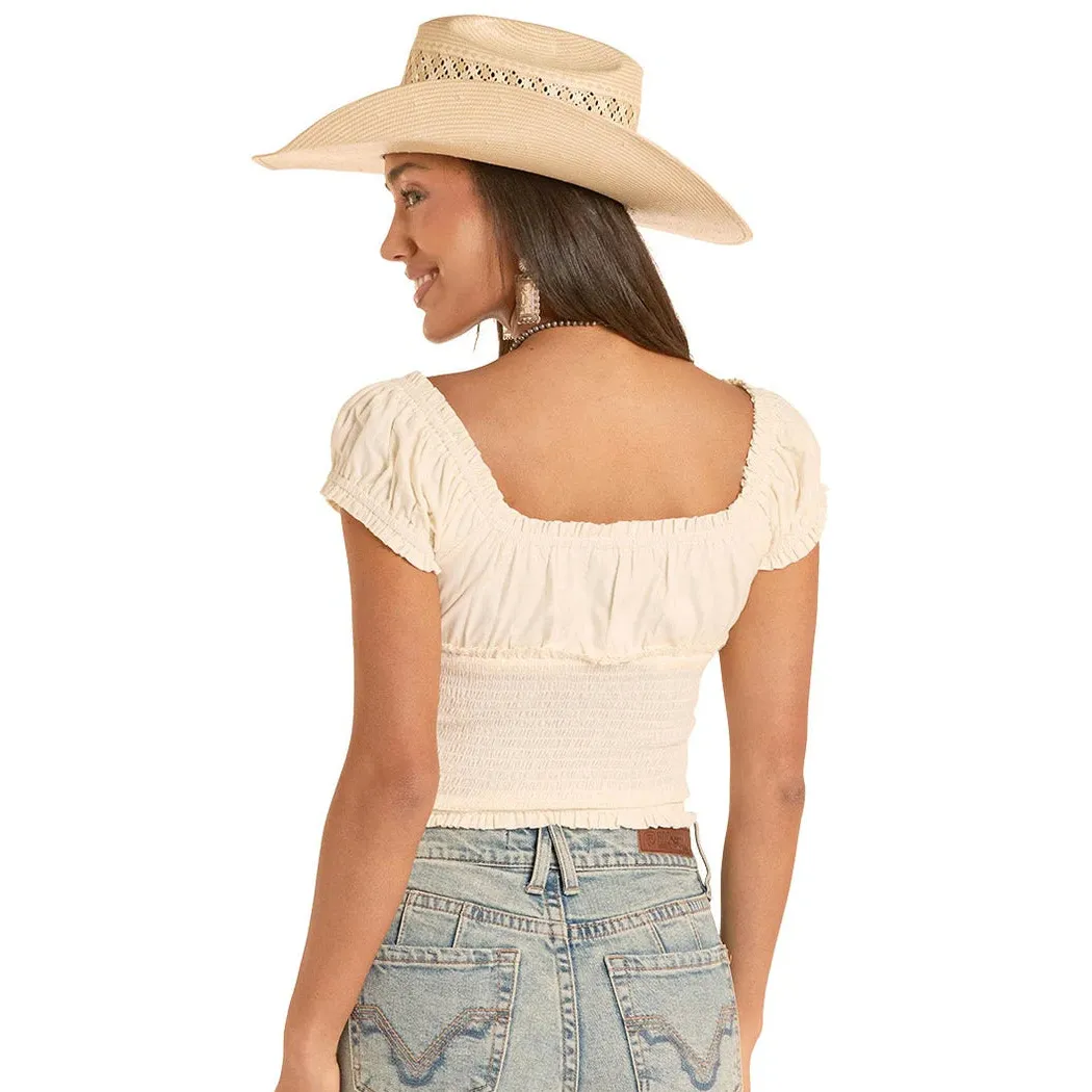 Rock & Roll Women's Smocked Tie Front Top - Natural - Image 2