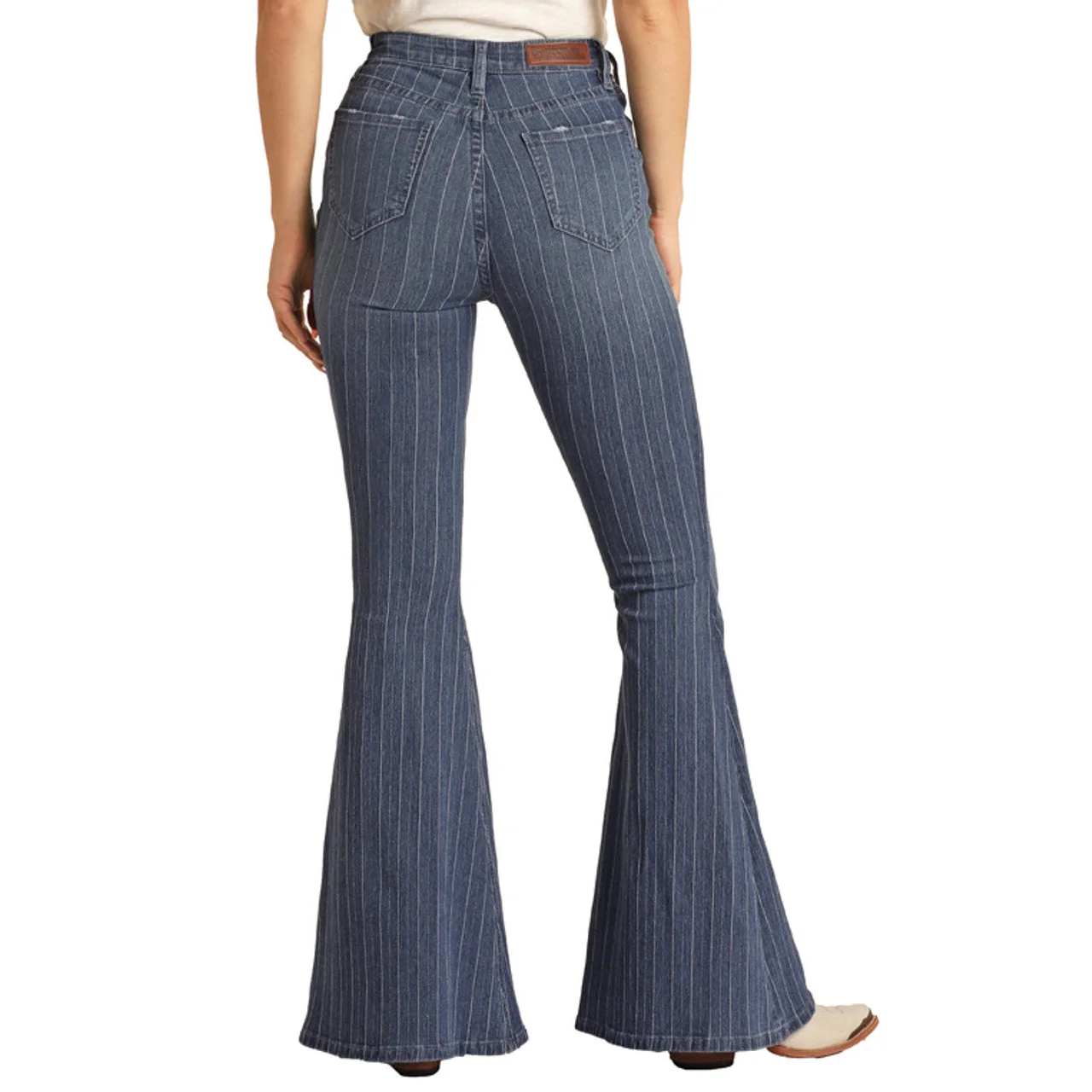 Rock & Roll Women's High Rise Extra Stretch Striped Bell Bottom Jeans - Medium Wash - Image 2