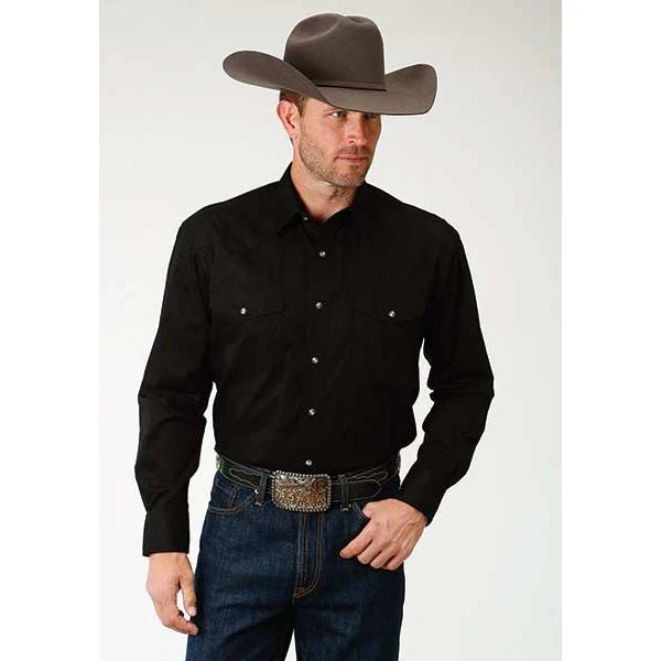 Roper Men's Poplin Tall Man Solid Long Sleeve Shirt- Black
