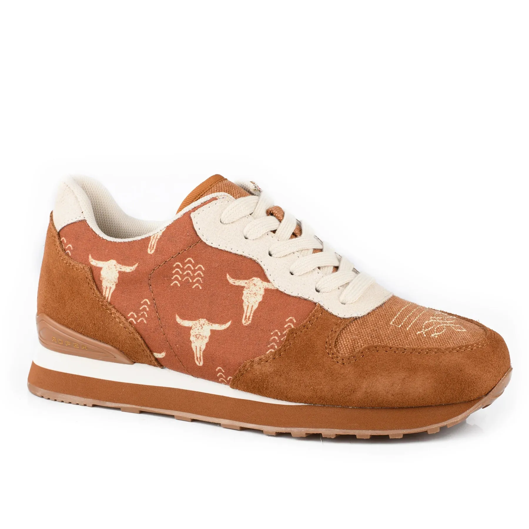 Roper Women's Laced Cow Print Suede and Canvas Printed Shoe- Cognac