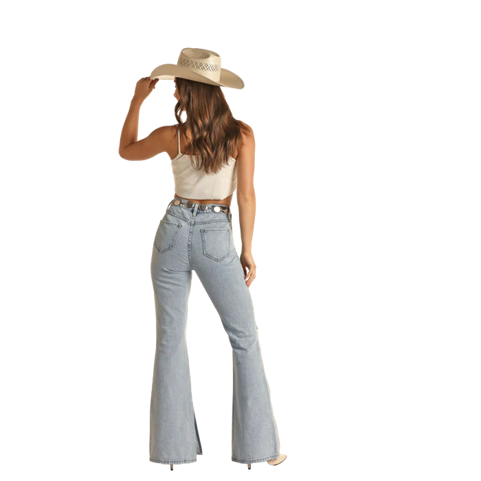 Rock & Roll Hem Slit High Rise Flare Jeans - Light Wash - Image 2