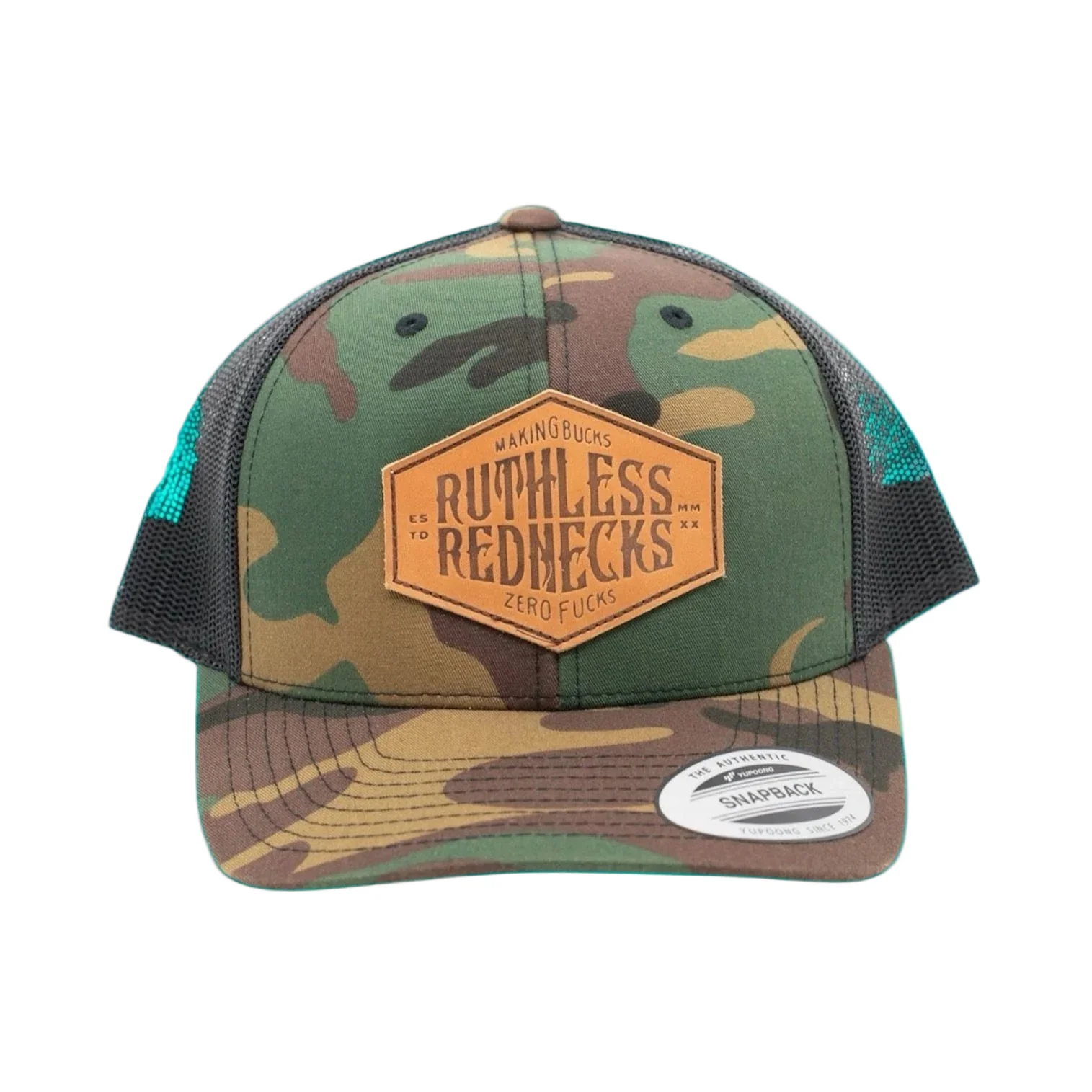 Ruthless Rednecks Hostile Patch Curved Brim Snapback Hat - Green Camo/Brown