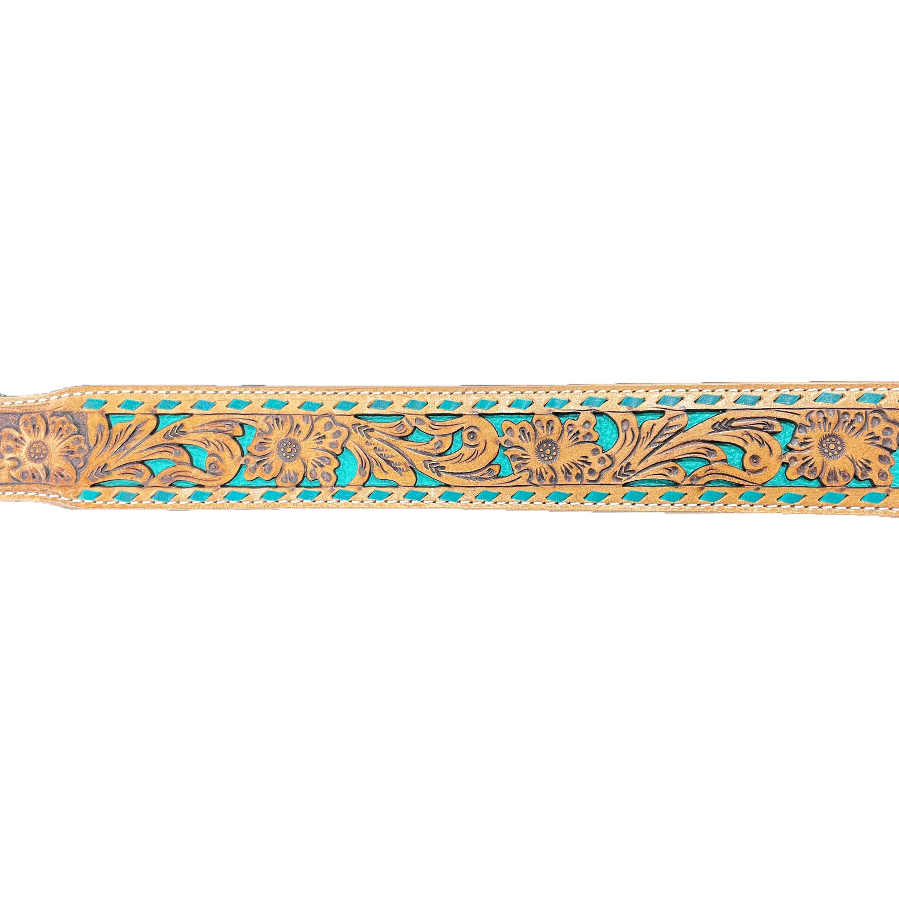 Unisex Western 1-3/4" Filigree Tooled Full-Grain Leather Belt - Turquoise/Tan