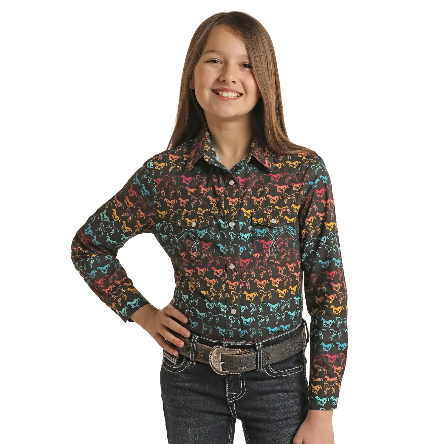 White Label Girl's Long Sleeve Snap Shirt/Blouse - Charcoal