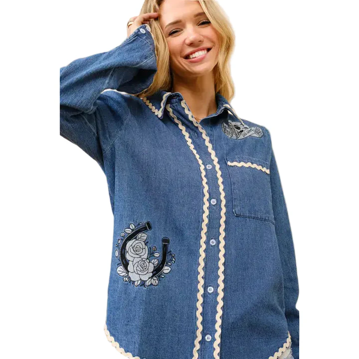 Women's Long Sleeve Ric Rac Embroidered Denim Top - Indigo