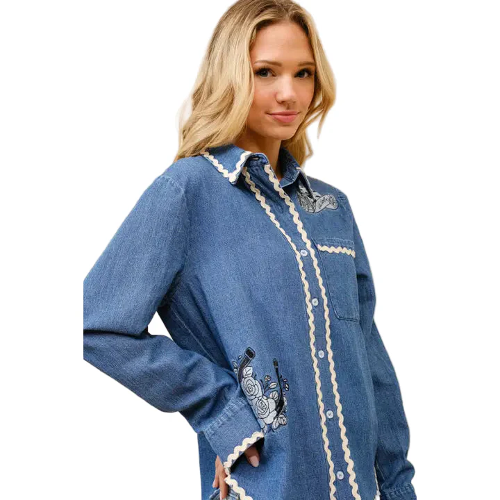 Women's Long Sleeve Ric Rac Embroidered Denim Top - Indigo - Image 4
