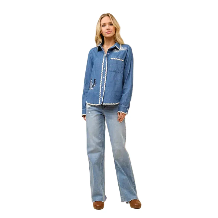 Women's Long Sleeve Ric Rac Embroidered Denim Top - Indigo - Image 5