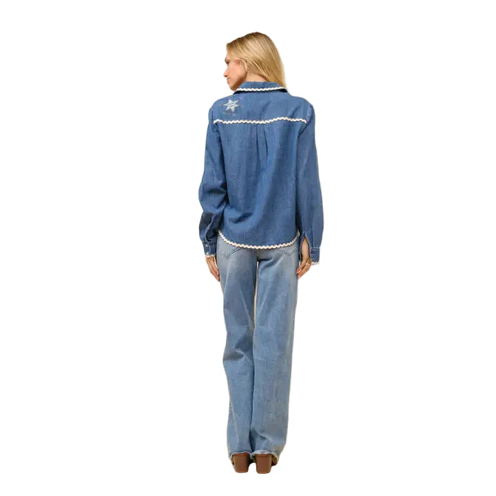 Women's Long Sleeve Ric Rac Embroidered Denim Top - Indigo - Image 6