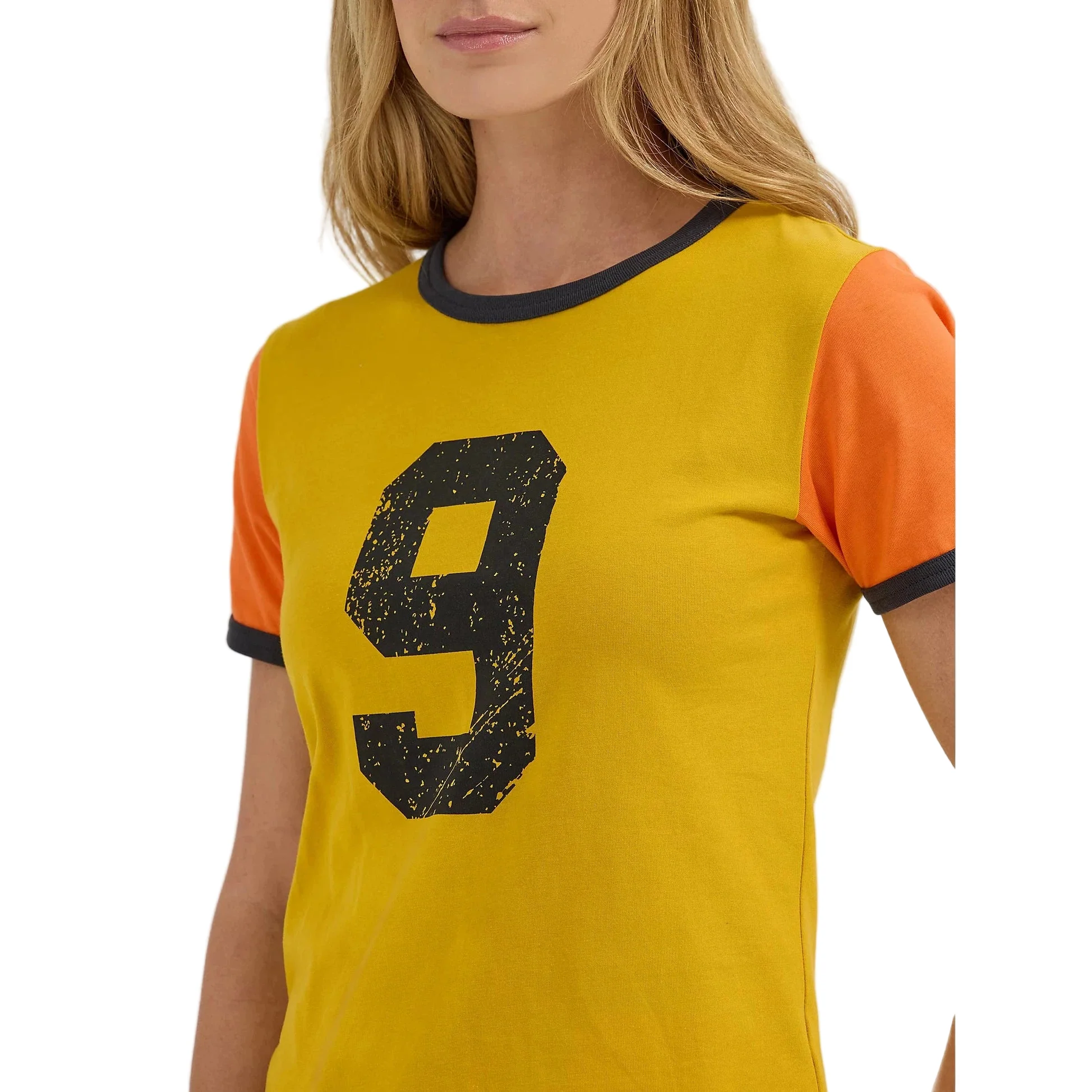 Wrangler Lainey Wilson Number 9 Slim Ringer Short Sleeve Tee Shirt-Nugget Gold - Image 5