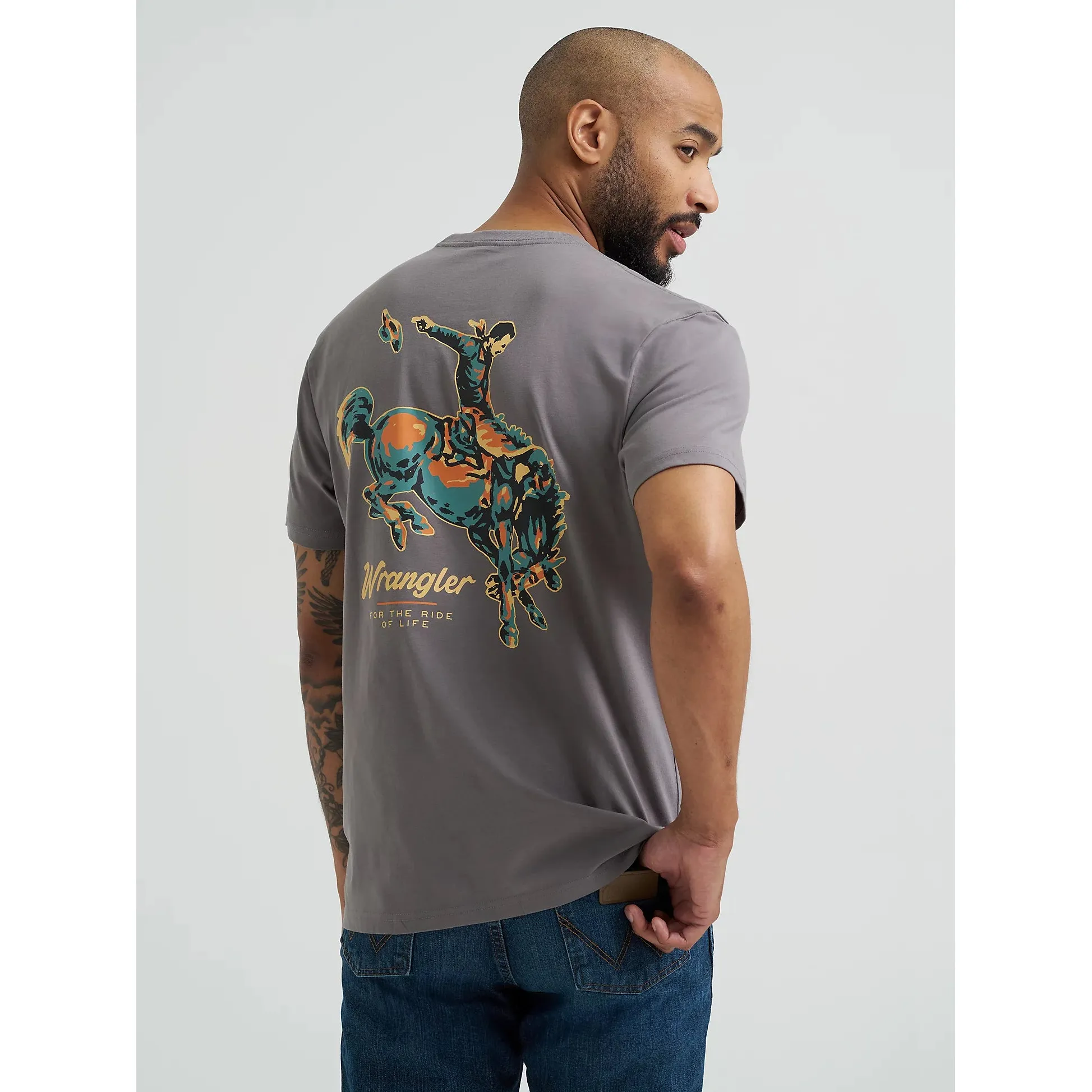 Wrangler Men's Bucking Cowboy Back Graphic Short Sleeve Tee Shirt - Quiet Shade - Image 3