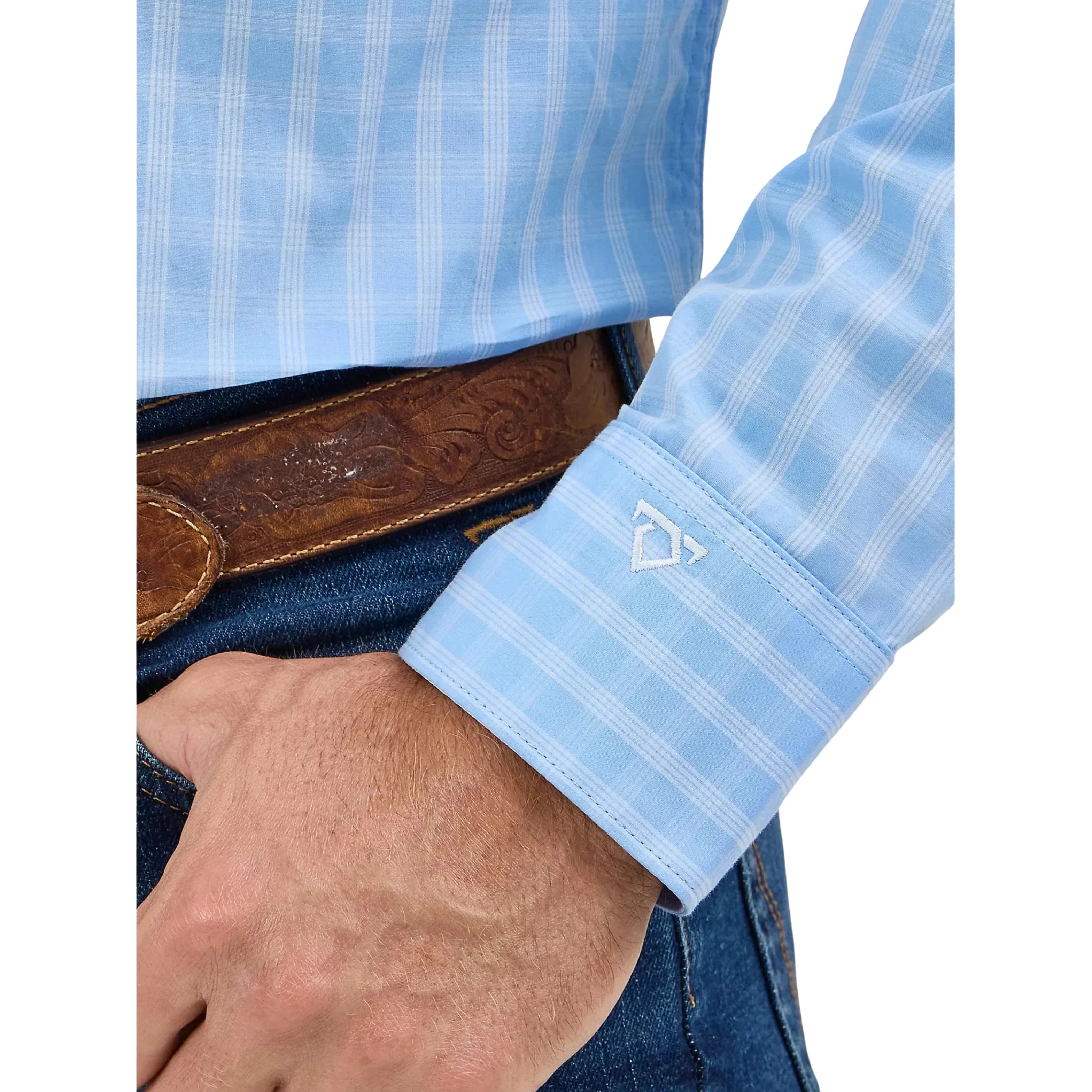 Wrangler Men's Cody Johnson One Pocket Button Down Long Sleeve Shirt - French Blue Check - Image 4
