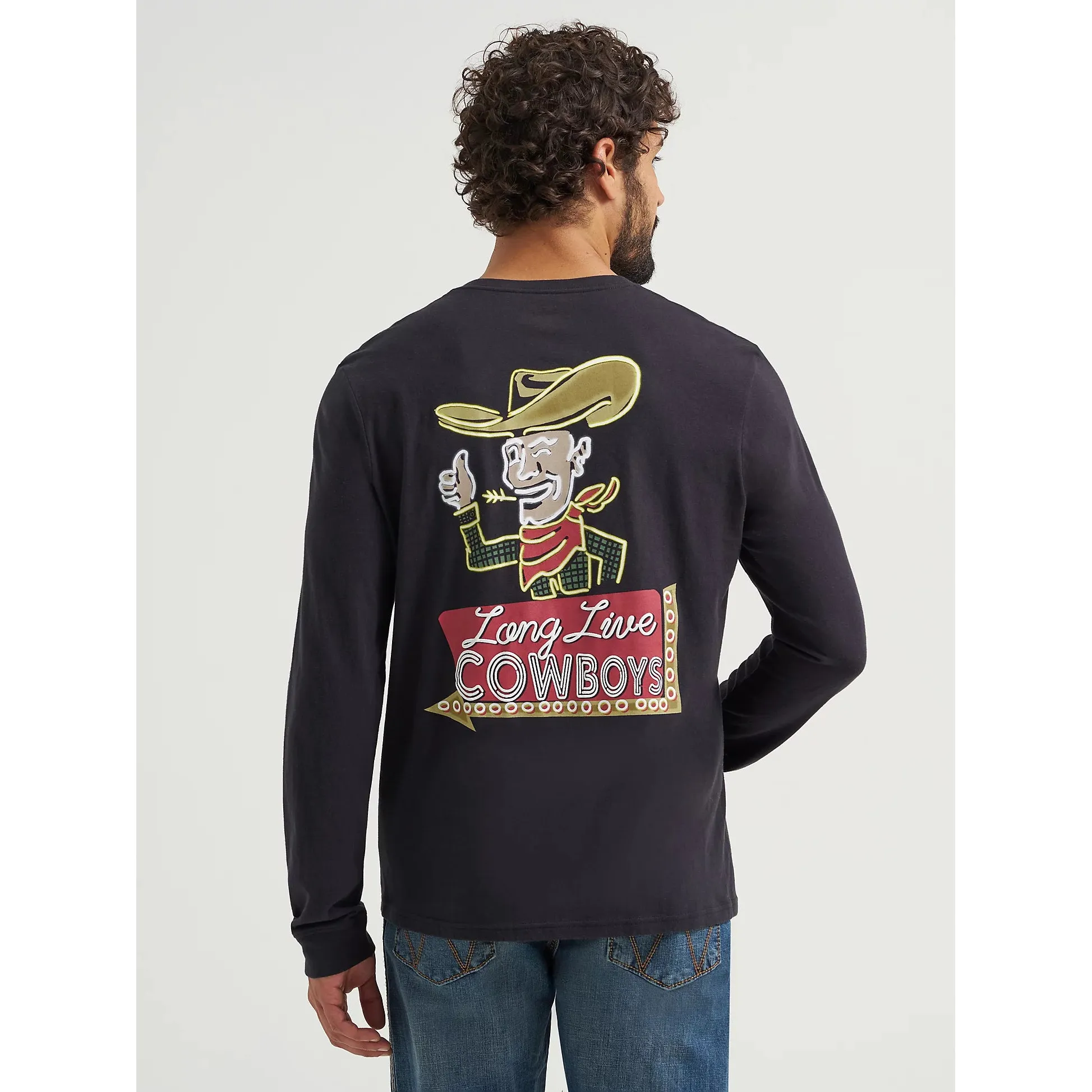 Wrangler Men's Cowboy Back Graphic Long Sleeve Tee Shirt- Black Beauty