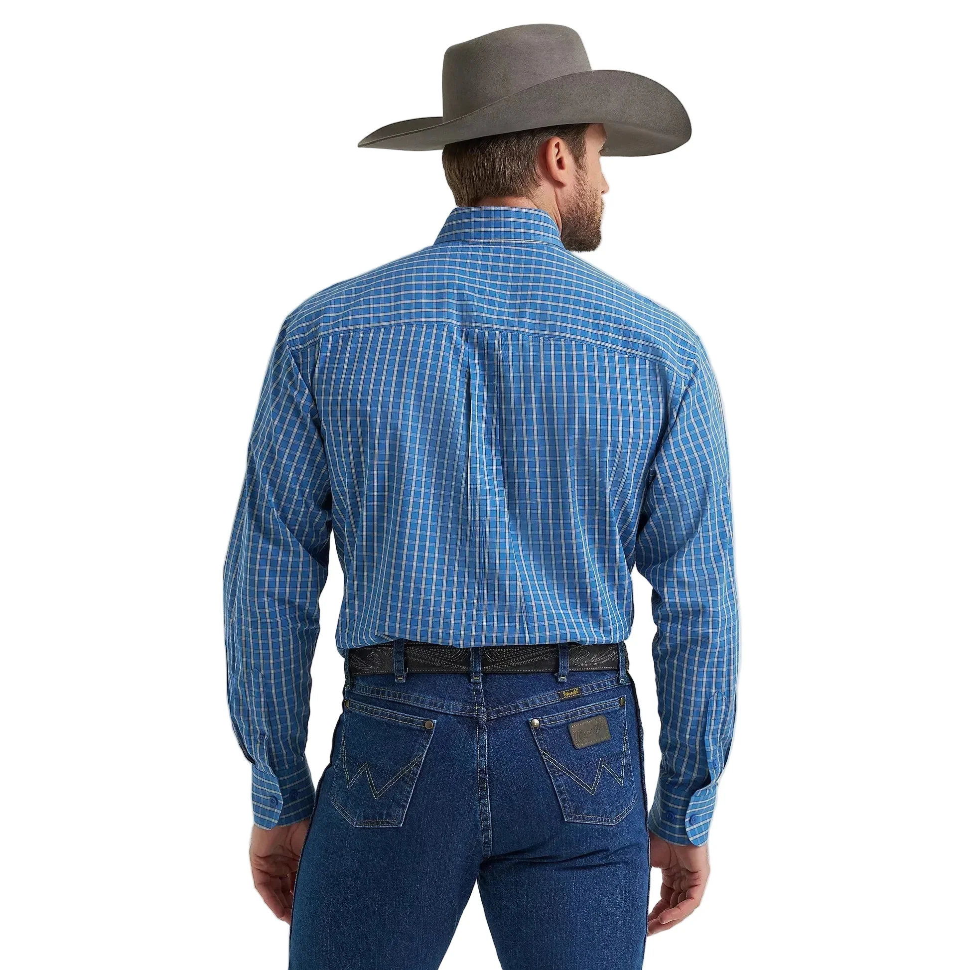 Wrangler Men's George Strait Long Sleeve Button Down Shirt - Cerulean Plaid - Image 2