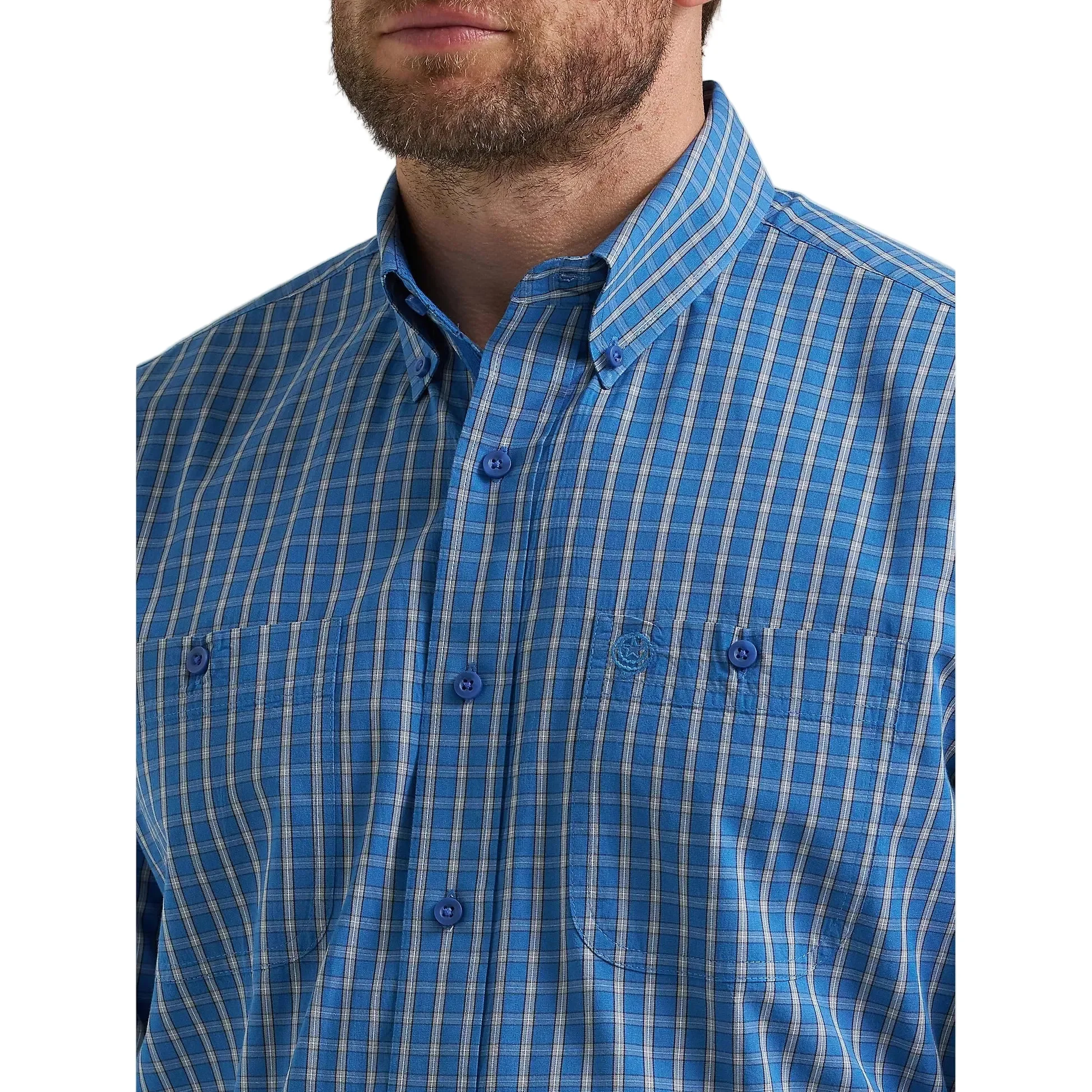 Wrangler Men's George Strait Long Sleeve Button Down Shirt - Cerulean Plaid - Image 3