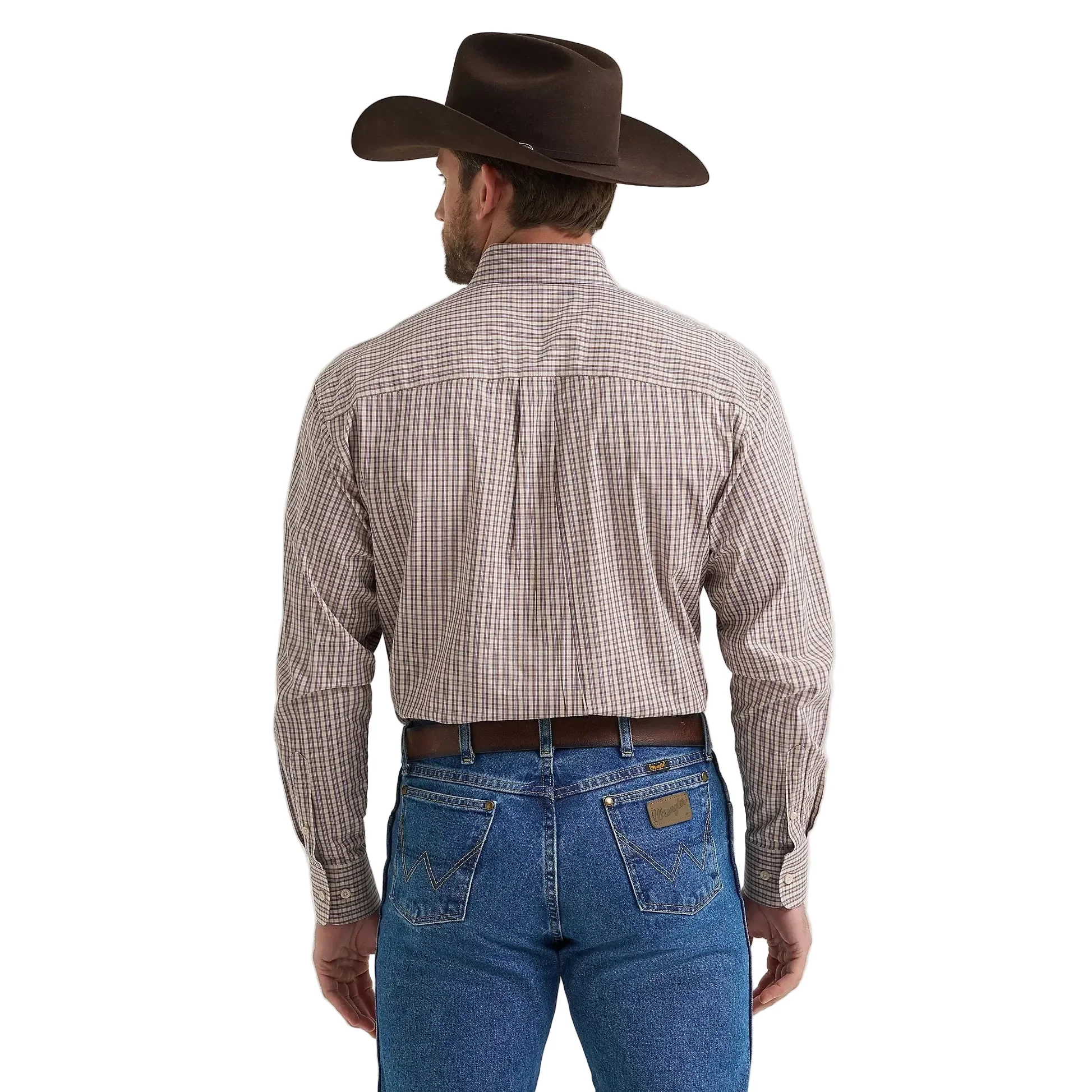 Wrangler Men's George Strait Long Sleeve Button Down Two Pocket Shirt - Purple Tan Plaid - Image 2