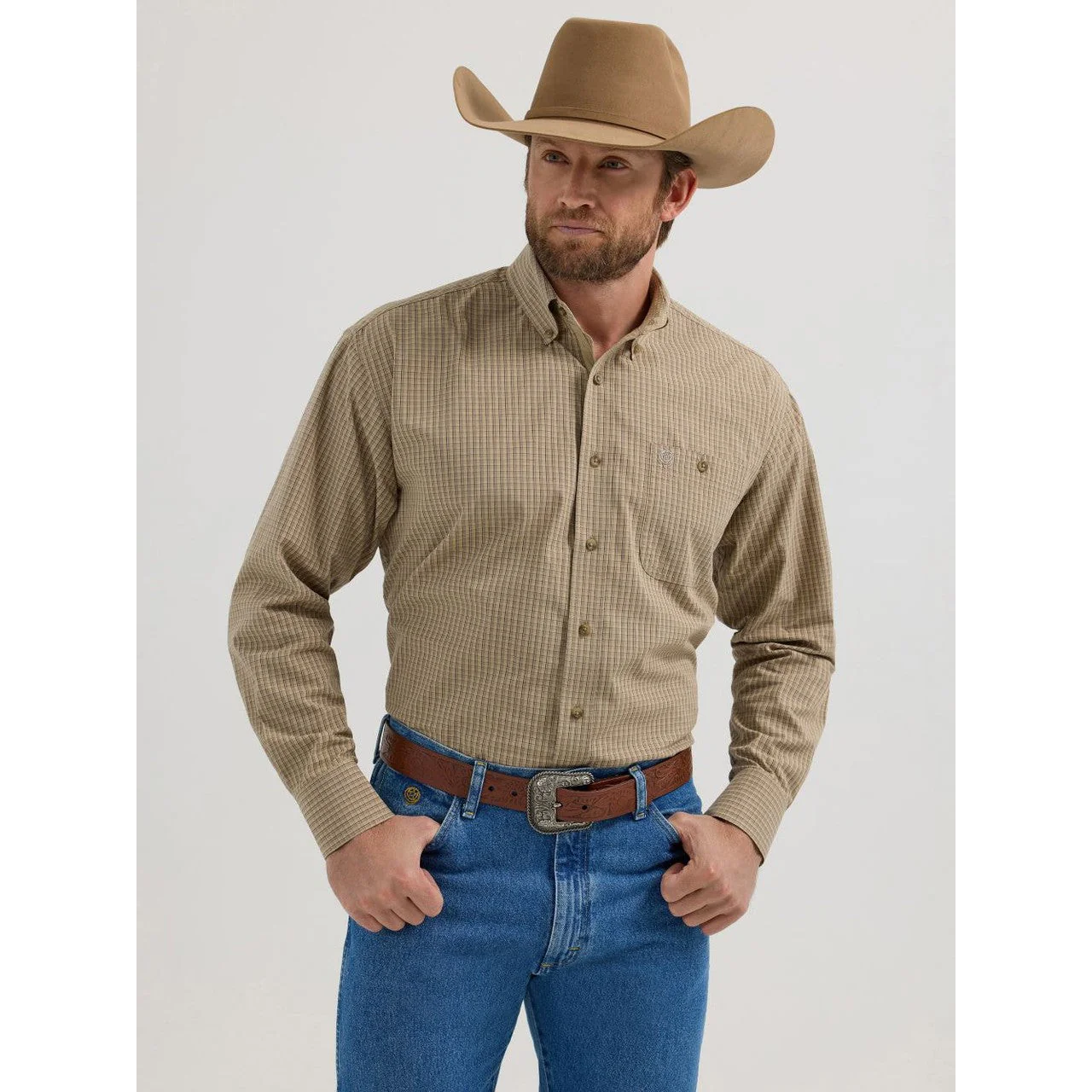 Wrangler  Men's George Strait Long Sleeve One Pocket Shirt - Tan Print