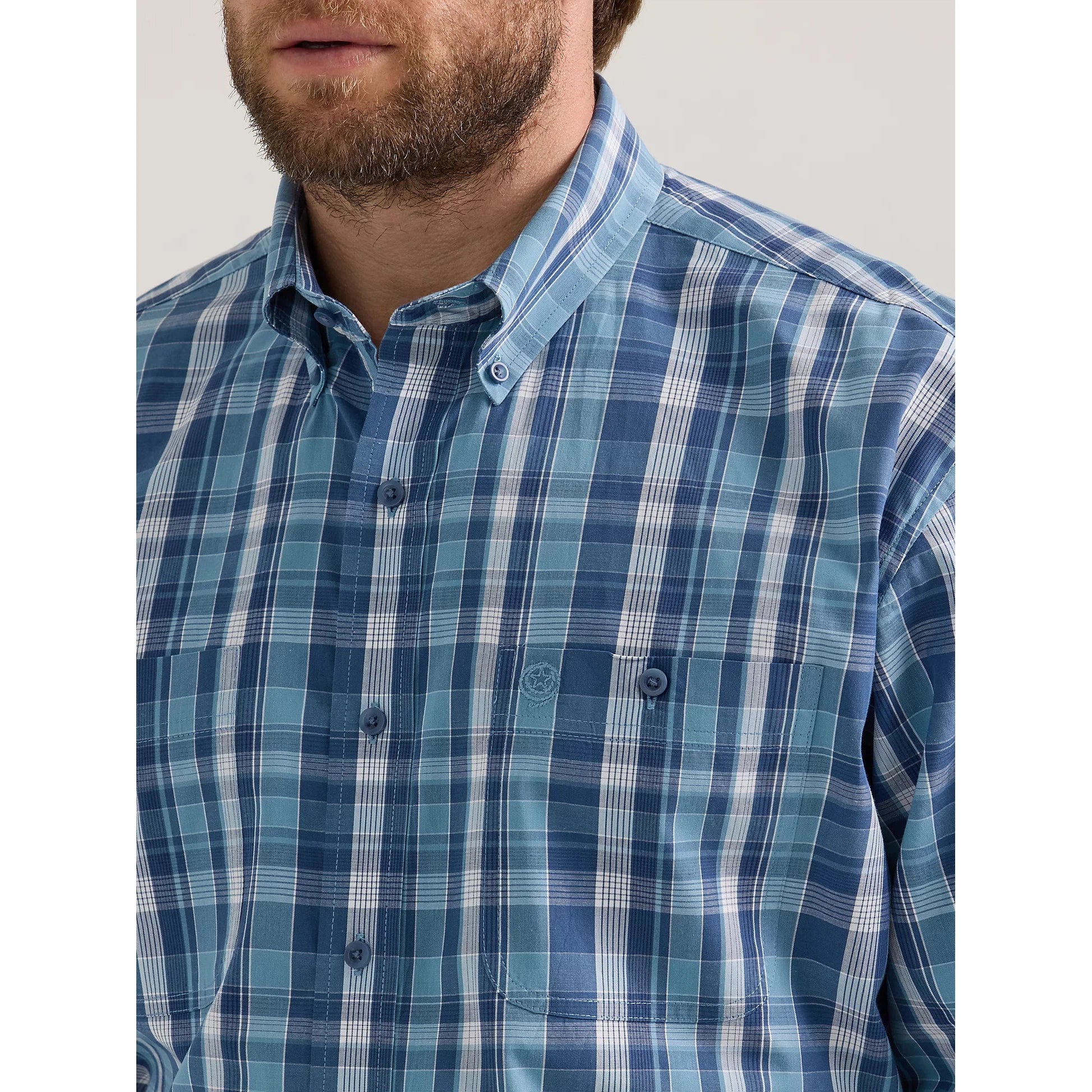 Wrangler Men's George Strait Plaid Long Sleeve Shirt - Cerulean - Image 3