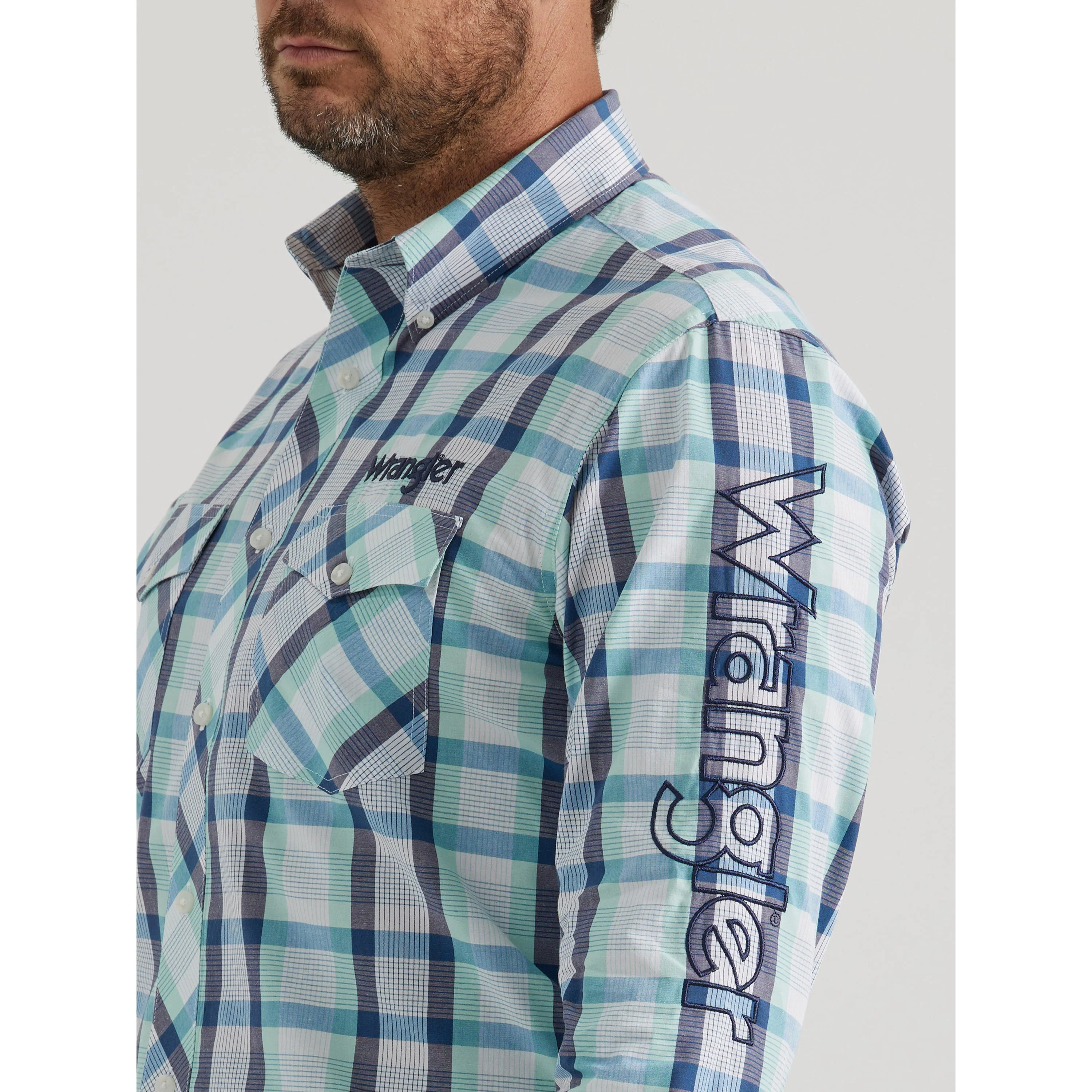 Wrangler Men's Logo Long Sleeve Button Down Shirt - Teal - Image 4