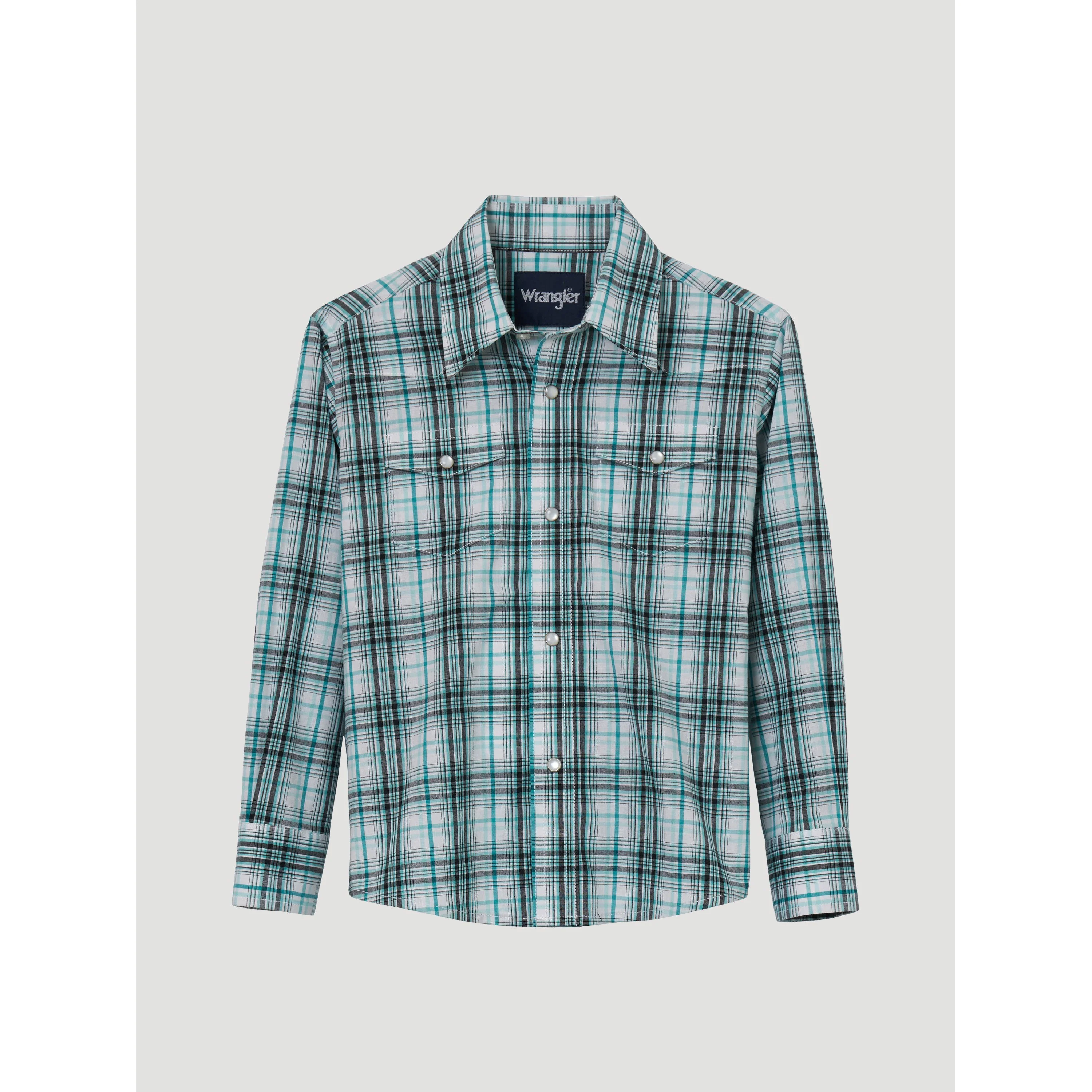 Wrangler Boy's Wrinkle Resist Long Sleeve Plaid Shirt - Aqua