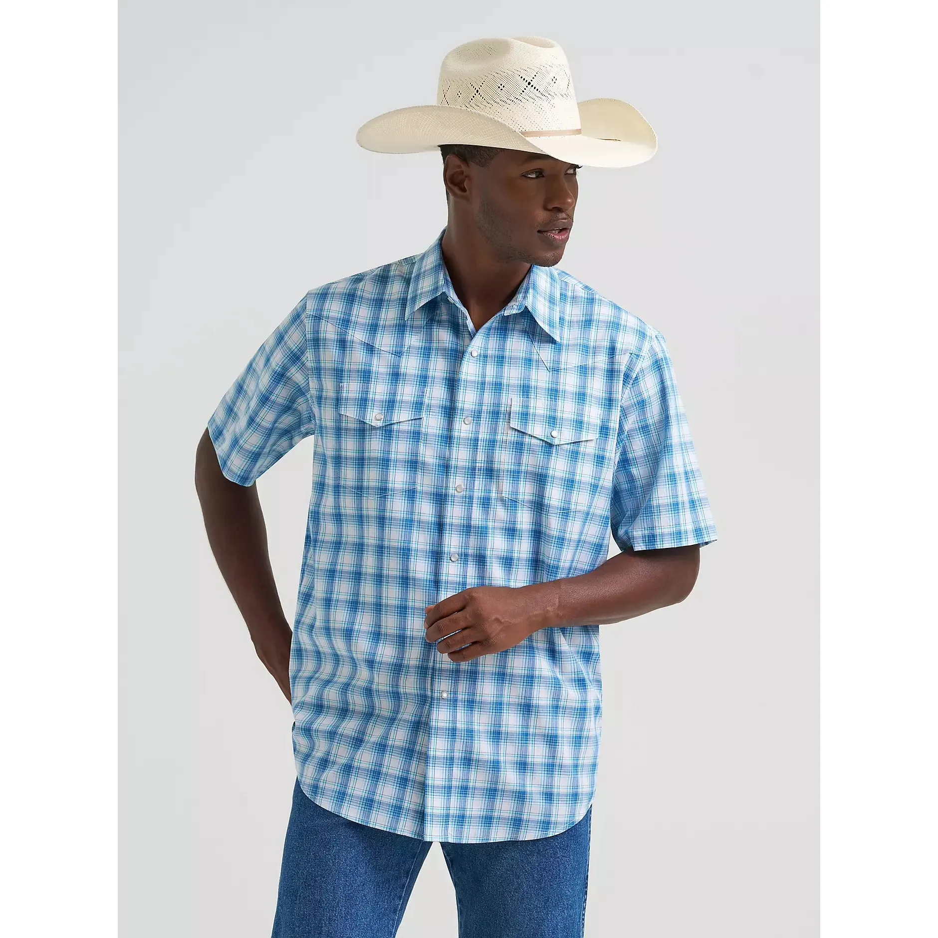Wrangler Men's Wrinkle Resist Short Sleeve Western Snap Plaid Shirt - Seaside Blue