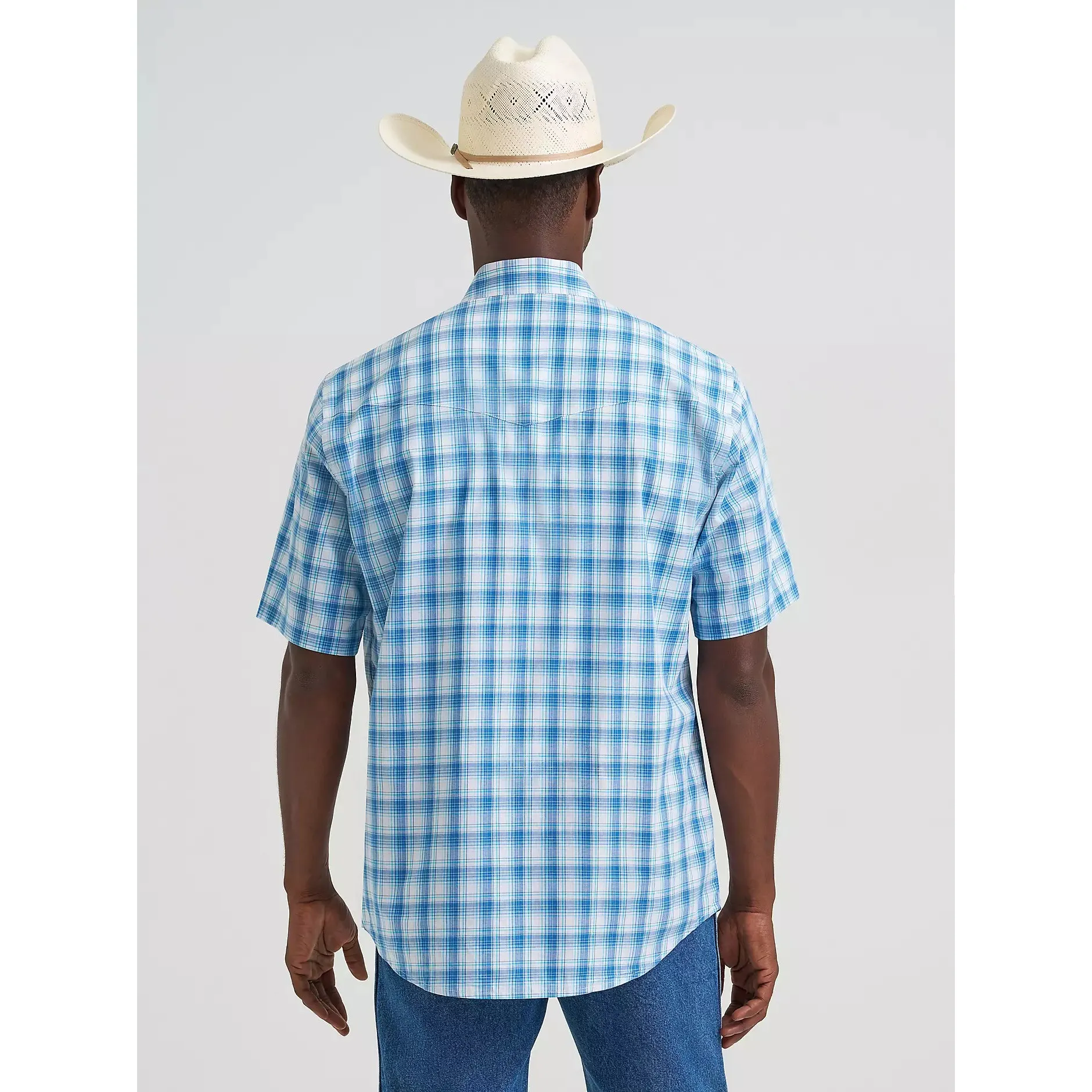 Wrangler Men's Wrinkle Resist Short Sleeve Western Snap Plaid Shirt - Seaside Blue - Image 2