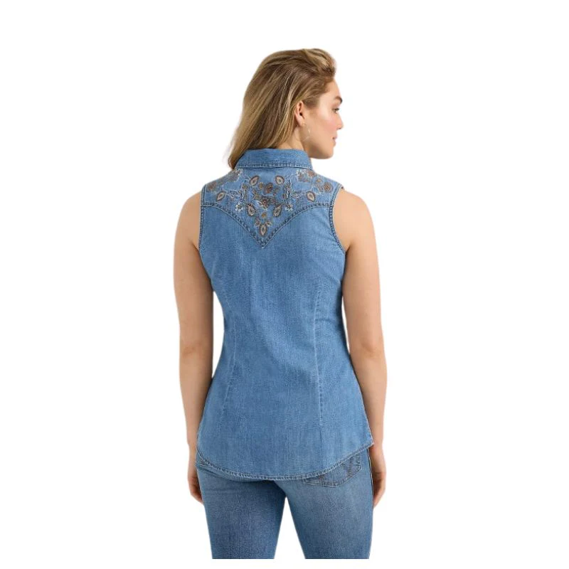 Wrangler Women's Embellished Denim Sleeveless Snap Shirt - Blue - Image 2