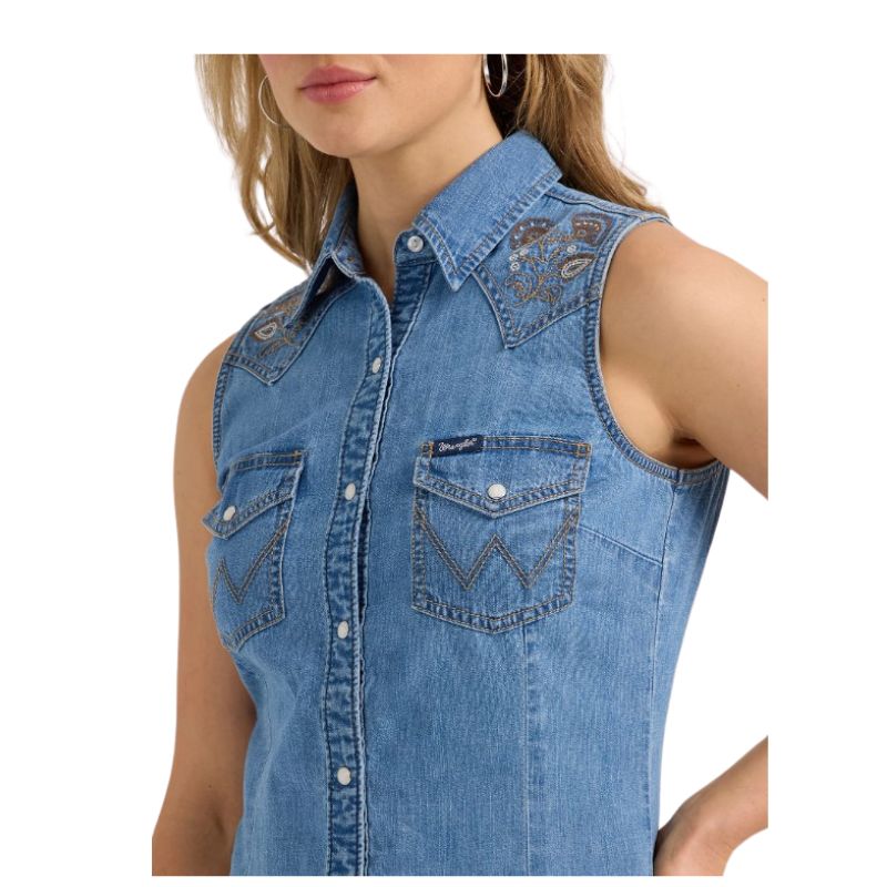 Wrangler Women's Embellished Denim Sleeveless Snap Shirt - Blue - Image 3