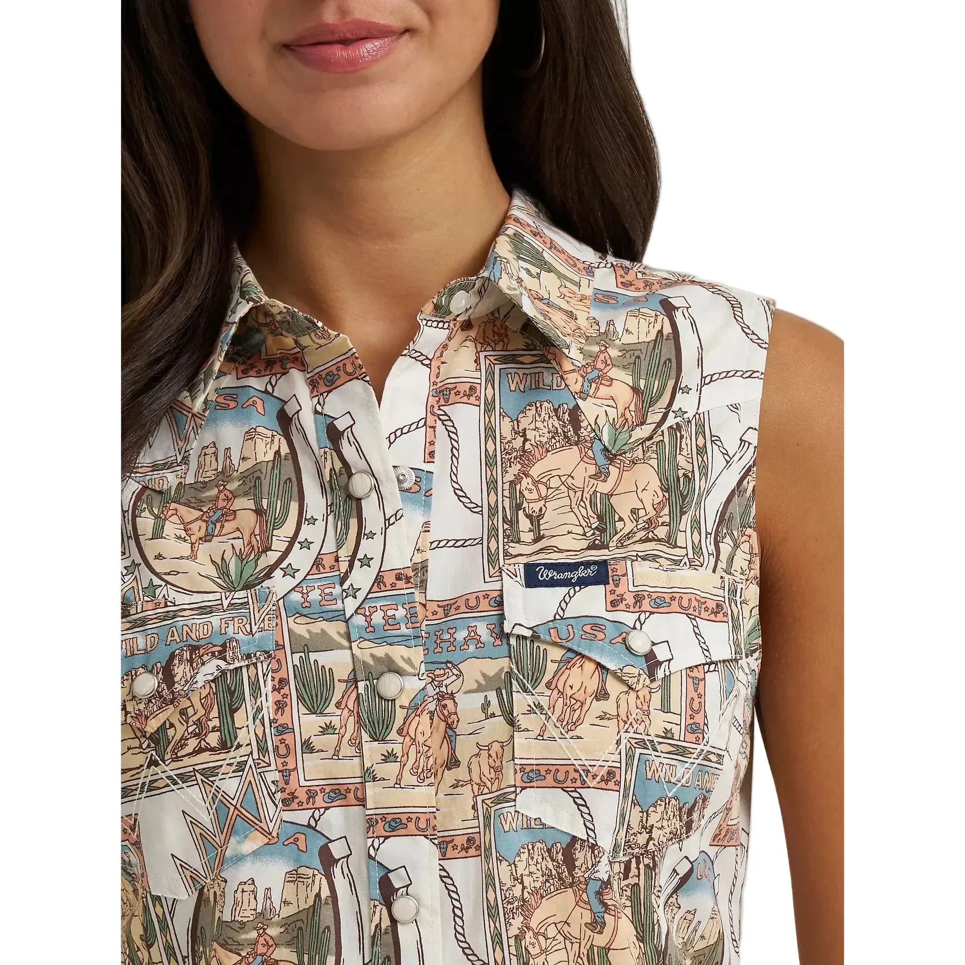 Wrangler Women's Bold Print Sleeveless Western Snap Shirt - Cream - Image 3