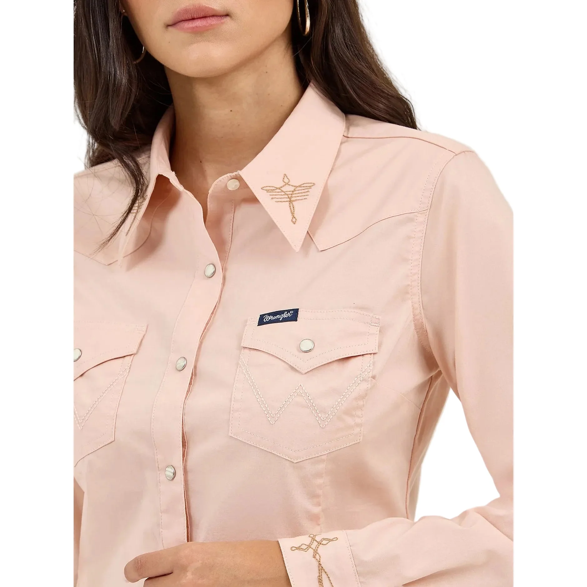 Wrangler Women's Embroidered Collar Slim Western Snap Long Sleeve Shirt - Pink - Image 3