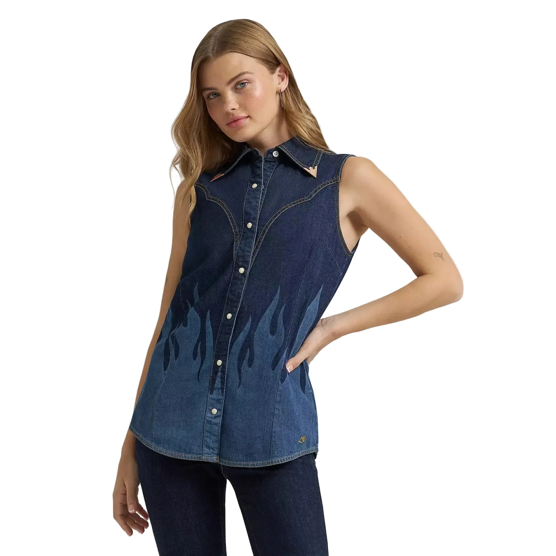 Wrangler Women's Lainey Wilson Sleeveless Flame Denim Shirt - Dark Denim - Image 2