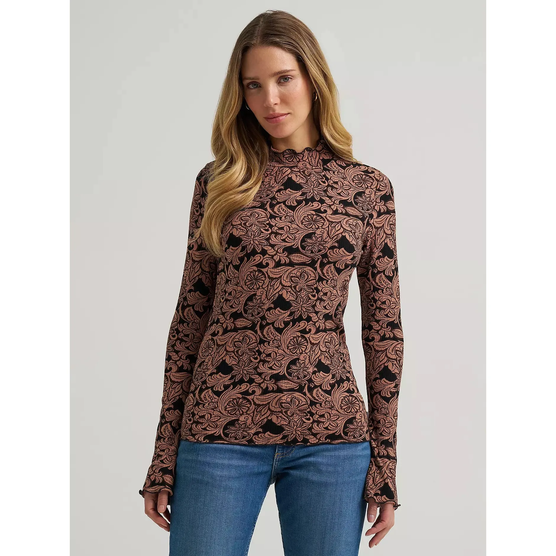 Wrangler Women's Long Sleeve Mock Neck Knit Floral Blouse - Black